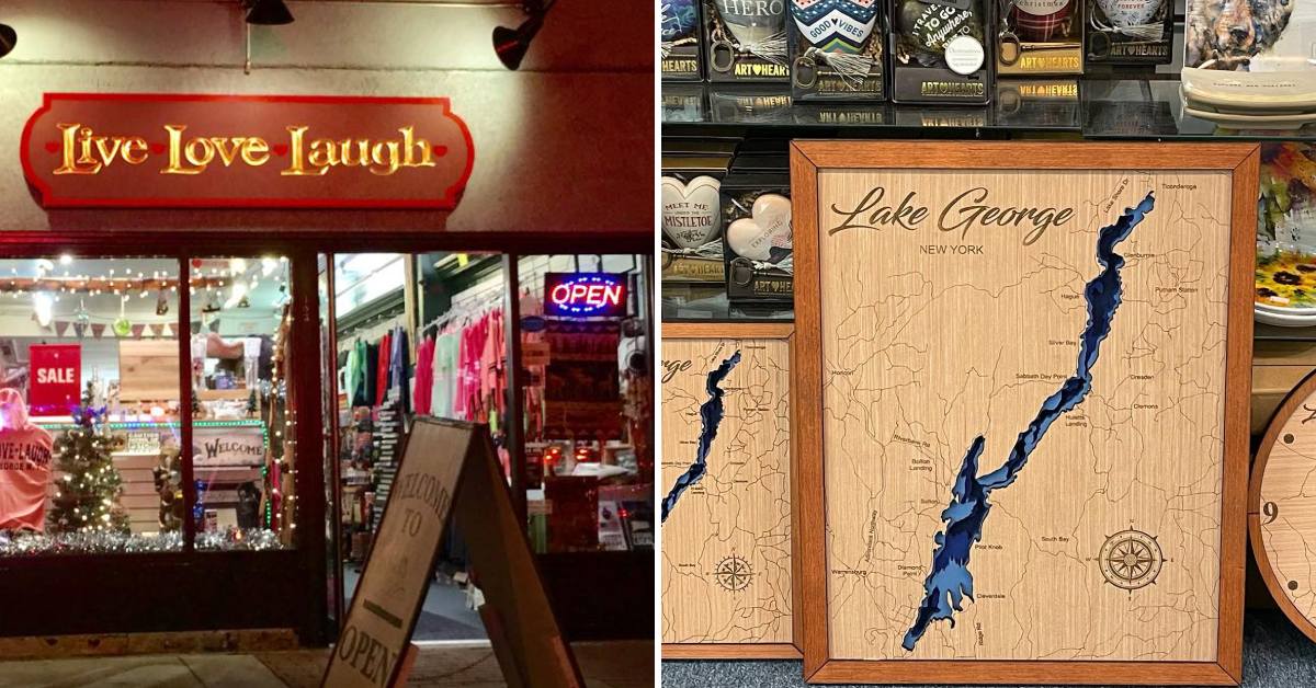 exterior of live love laugh and a lake george decorative map 