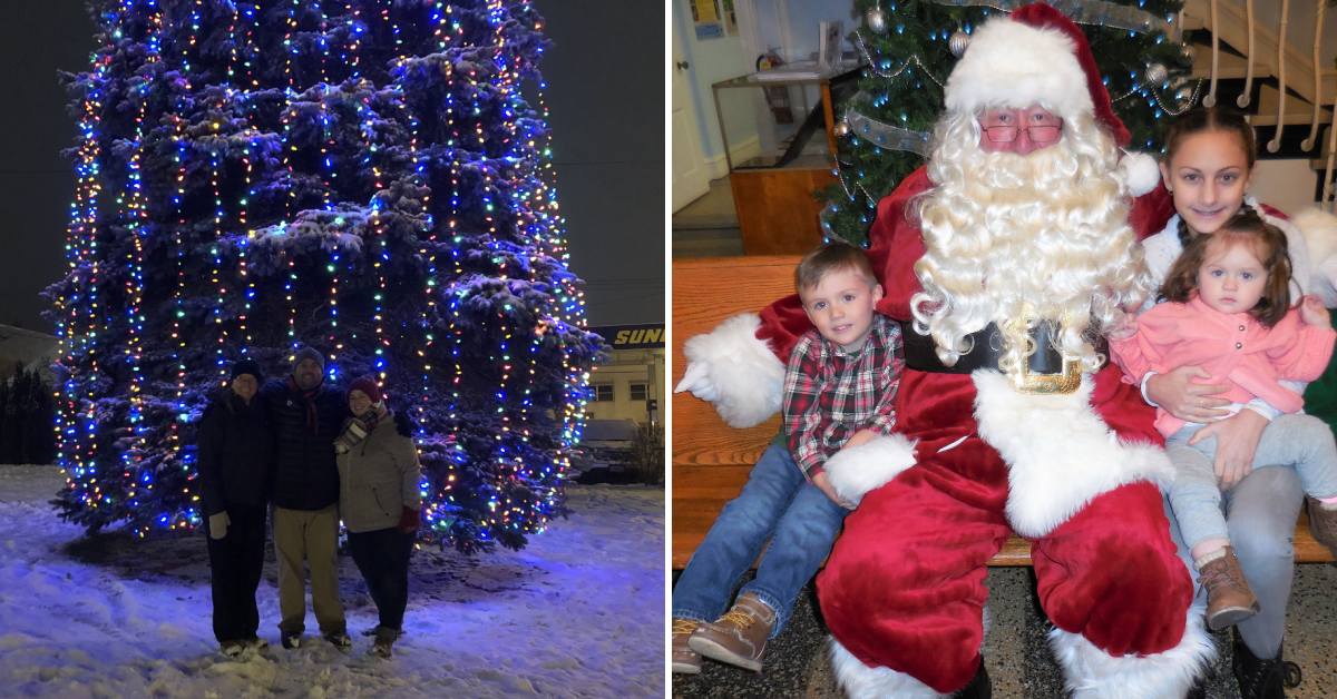 people pose before outdoor christmas tree on left, santa poses with three kids on right