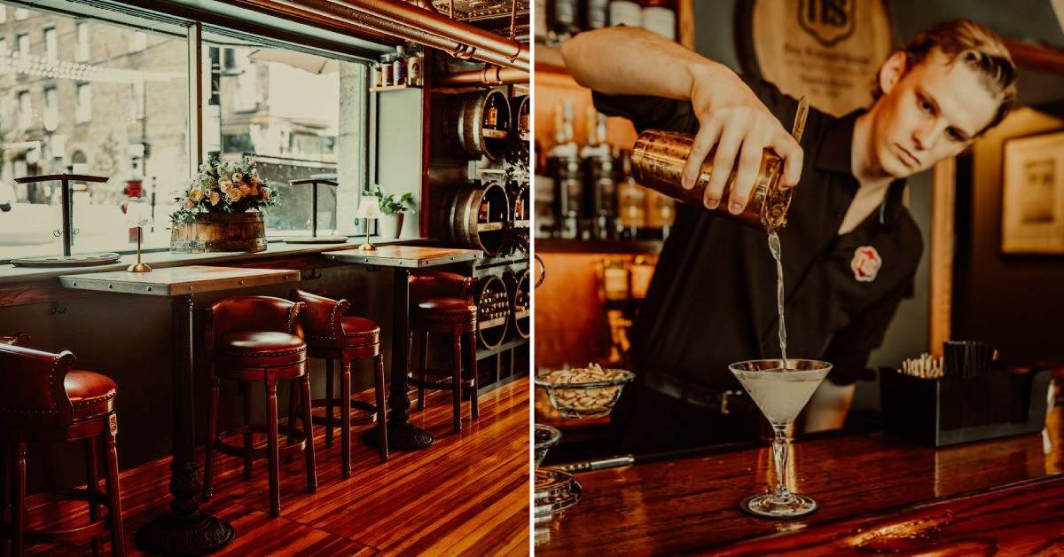 lounge seating by a window on the left; bartender making cocktail on the right