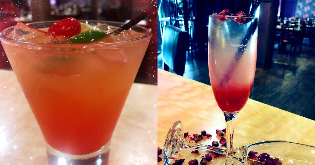 left image of a fruit cocktail; right image of a cocktail in a tall glass