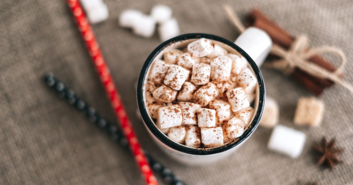 overhead view of hot chocolate mug full of marshmallows