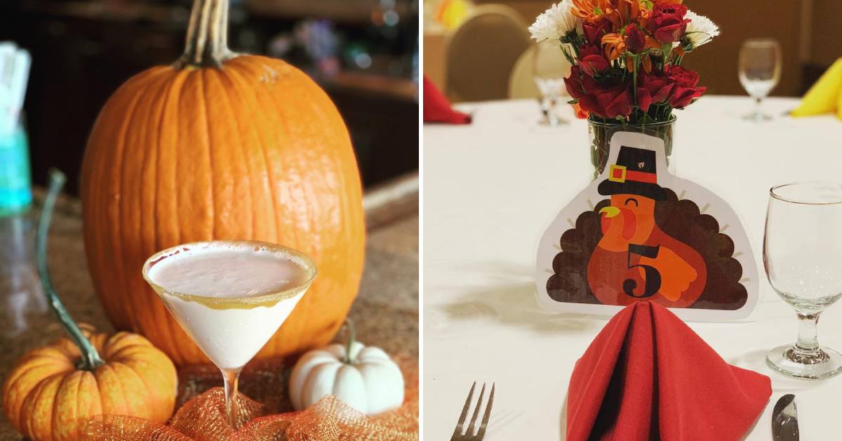 pumpkin pie martini with pumpkins on left, turkey place setting for thanksgiving on right