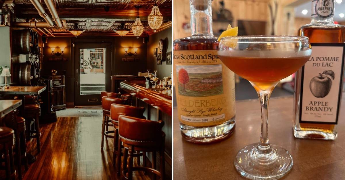 left image of a tasting room; right image of a cocktail and bottles