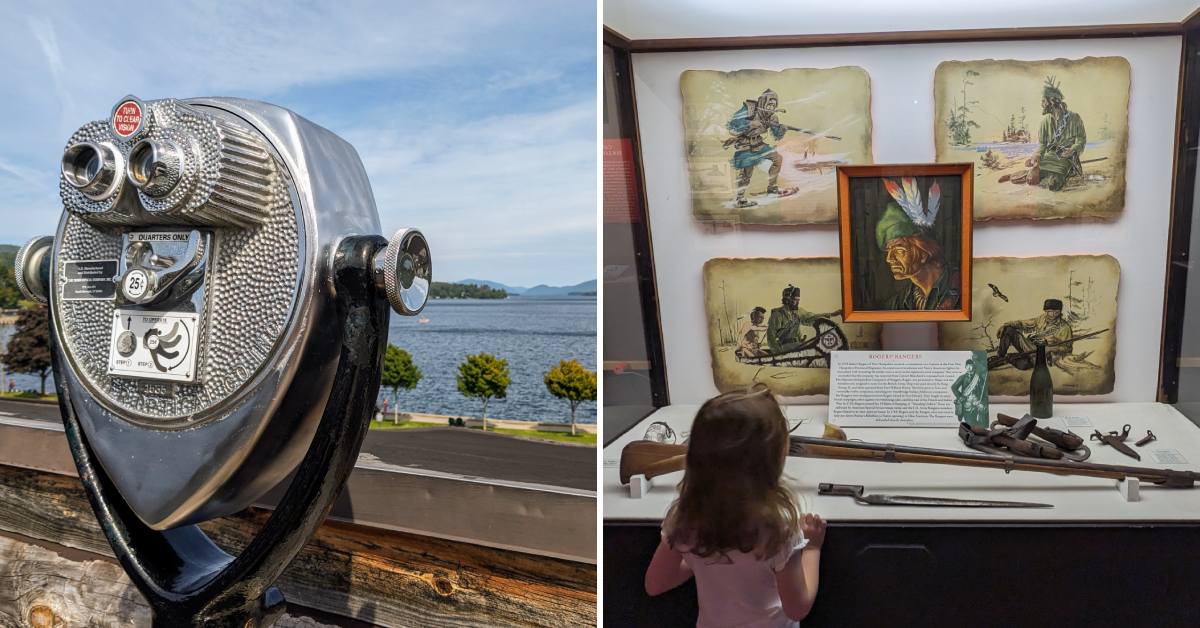 view finder looking at view of lake george on the left, little girl looks at museum exhibit on right