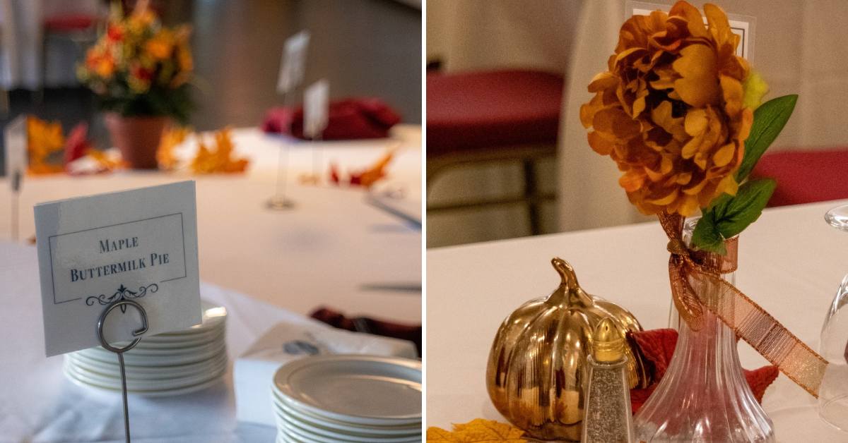 placard for maple buttermilk pie on left, thanksgiving decor on table on the right