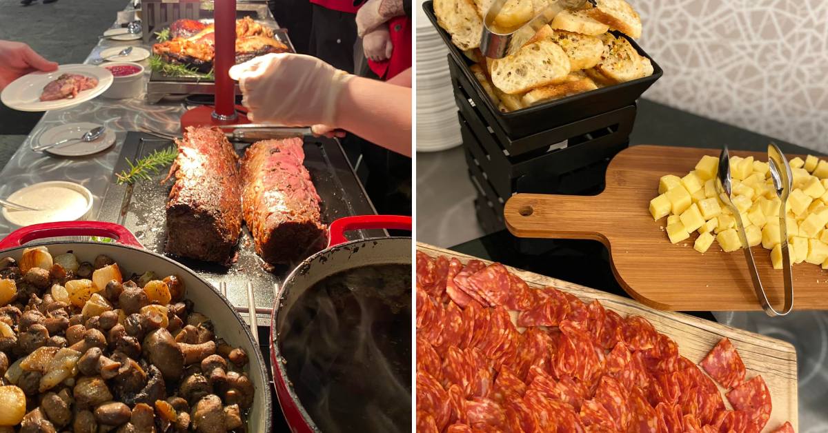 buffet food on left, bread, pepperoni, and cheese on the right