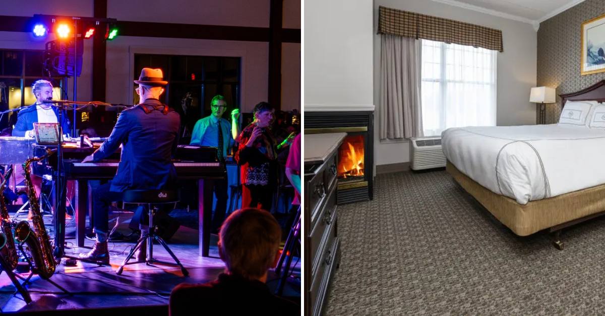 live music on the left, hotel room with fireplace on right