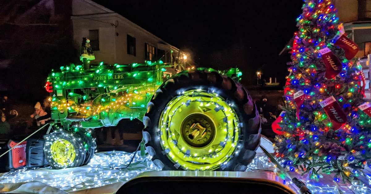 closeup view of holiday lighted tractor parade float