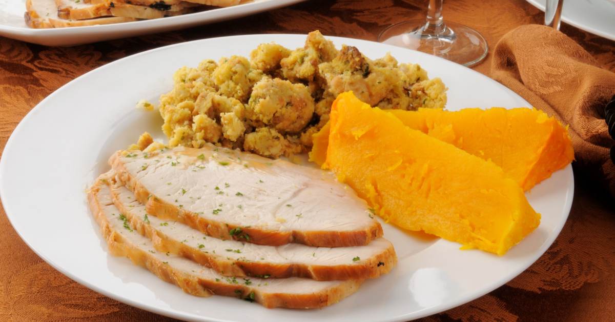 turkey and squash and stuffing on a plate