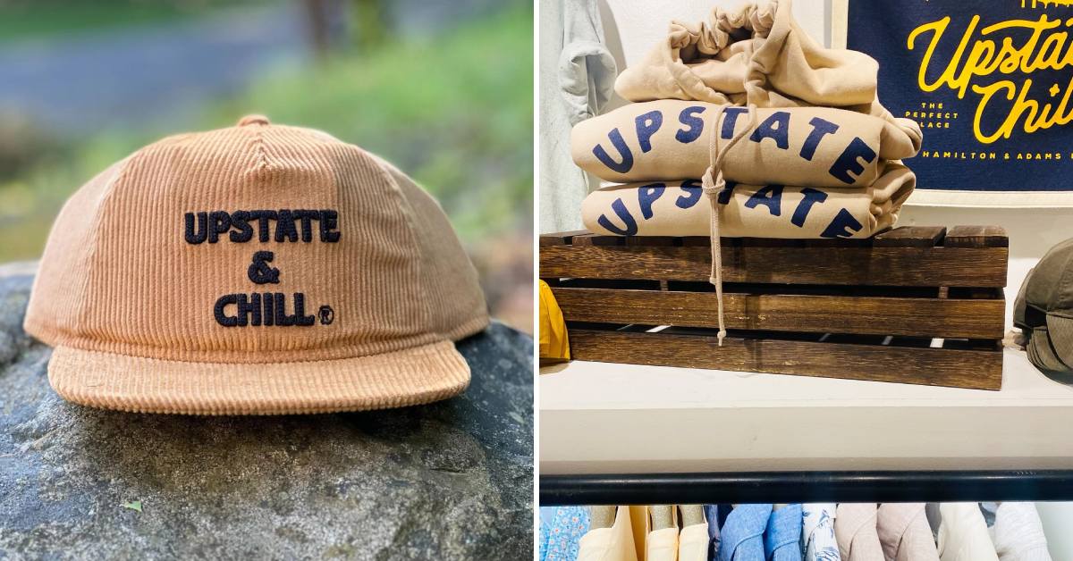 upstate and chill hat on the left, upstate and chill sweatshirts on the right