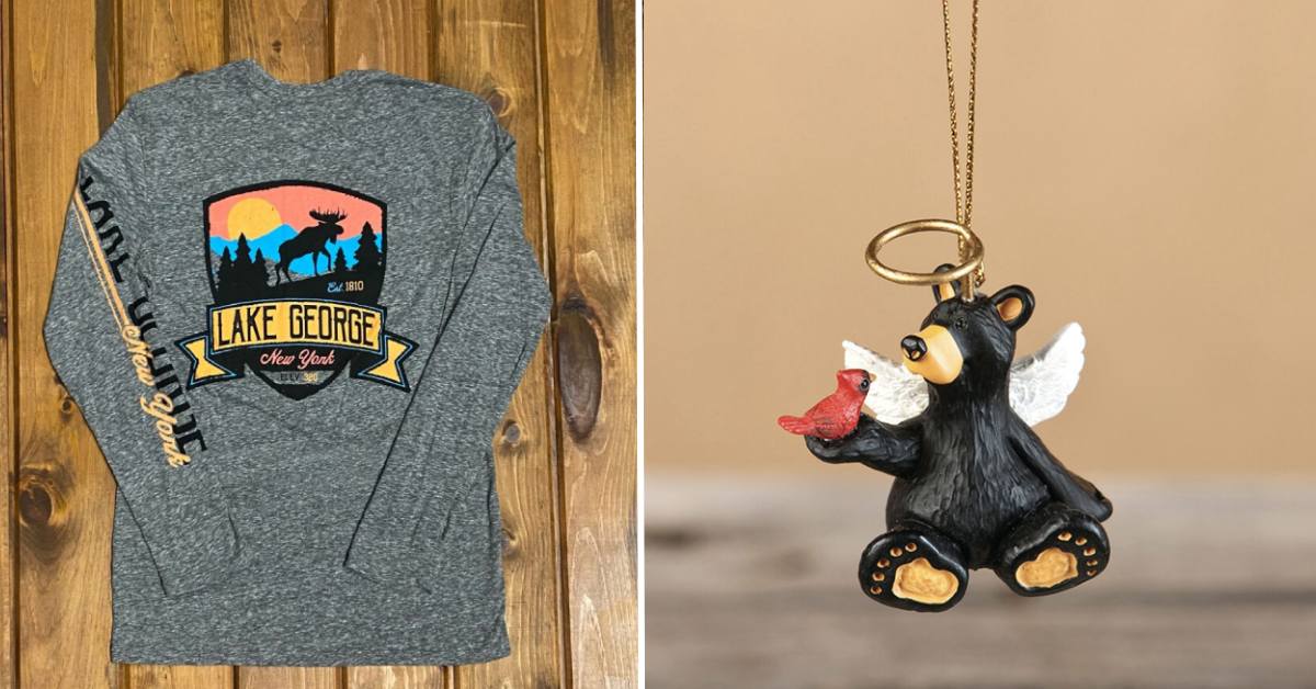 lake george shirt on the left, bear ornament on the right