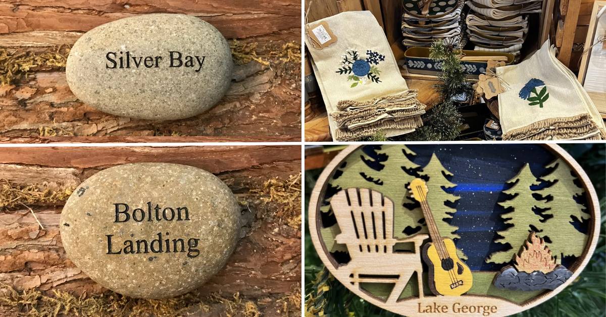 lake george and bolton landing stones, lake george ornament, and other gift items