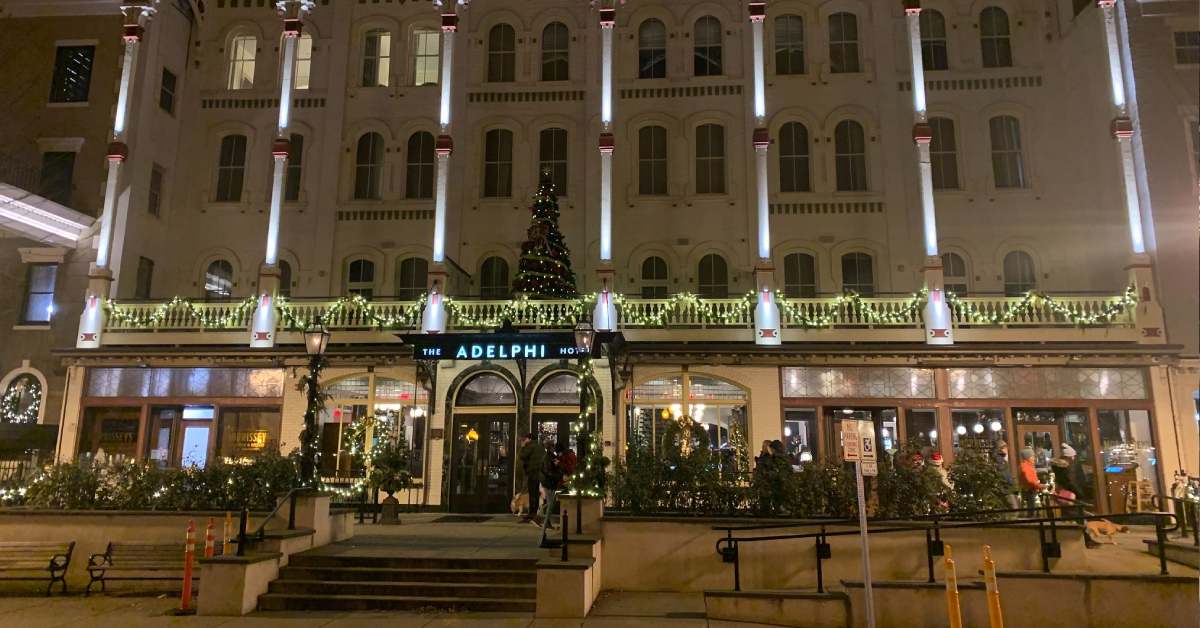 exterior of the adelphi hotel decorated for the holidays