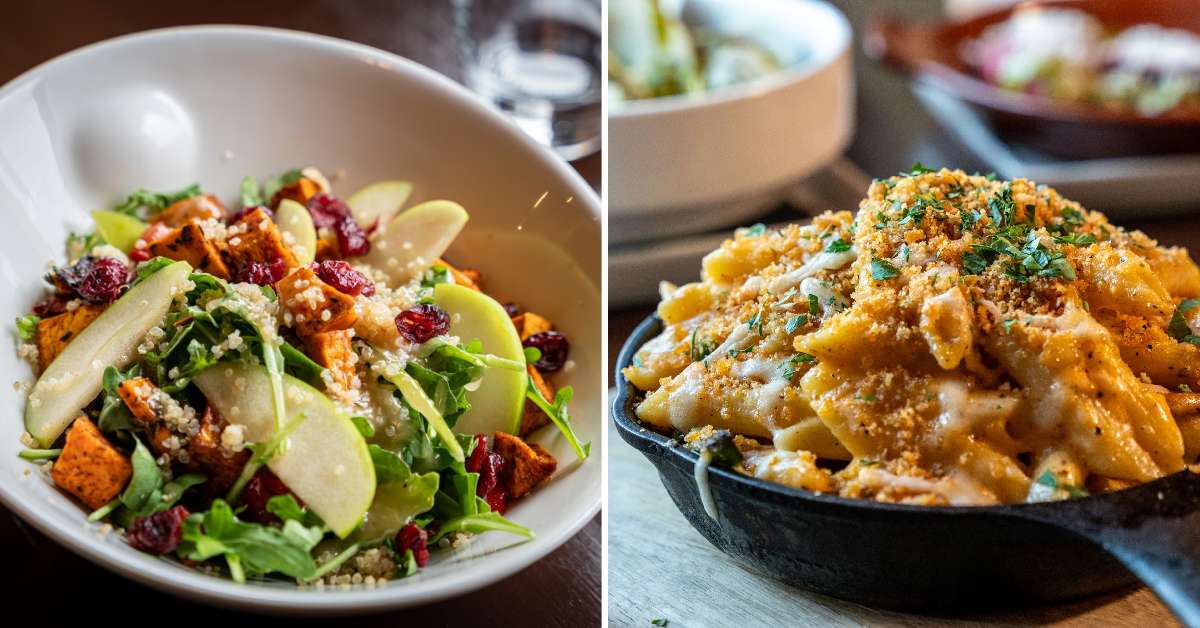 left image of an apple and cranberry salad; right image of pasta in a small black dish