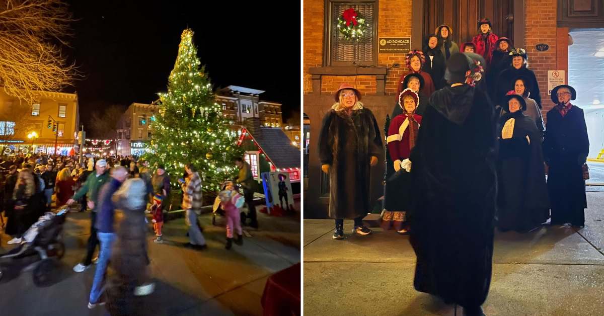 left image of of outdoor christmas tree; right image of carolers