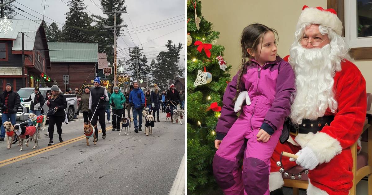 holiday dog parade on left, santa with little girl on the right