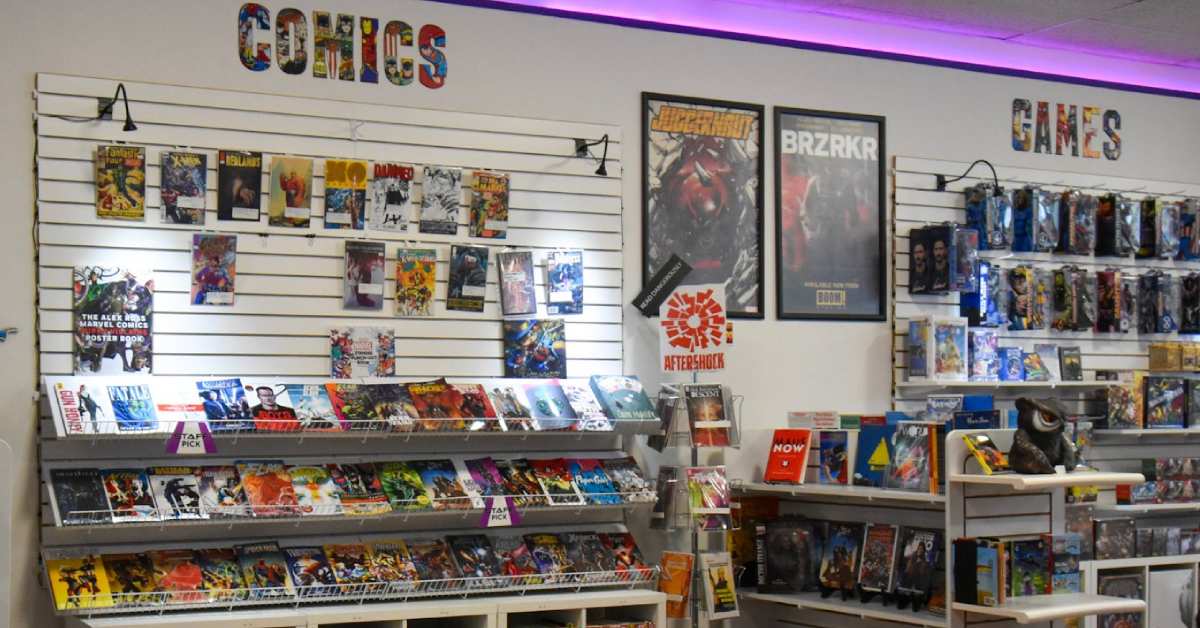 wall of comics in a store