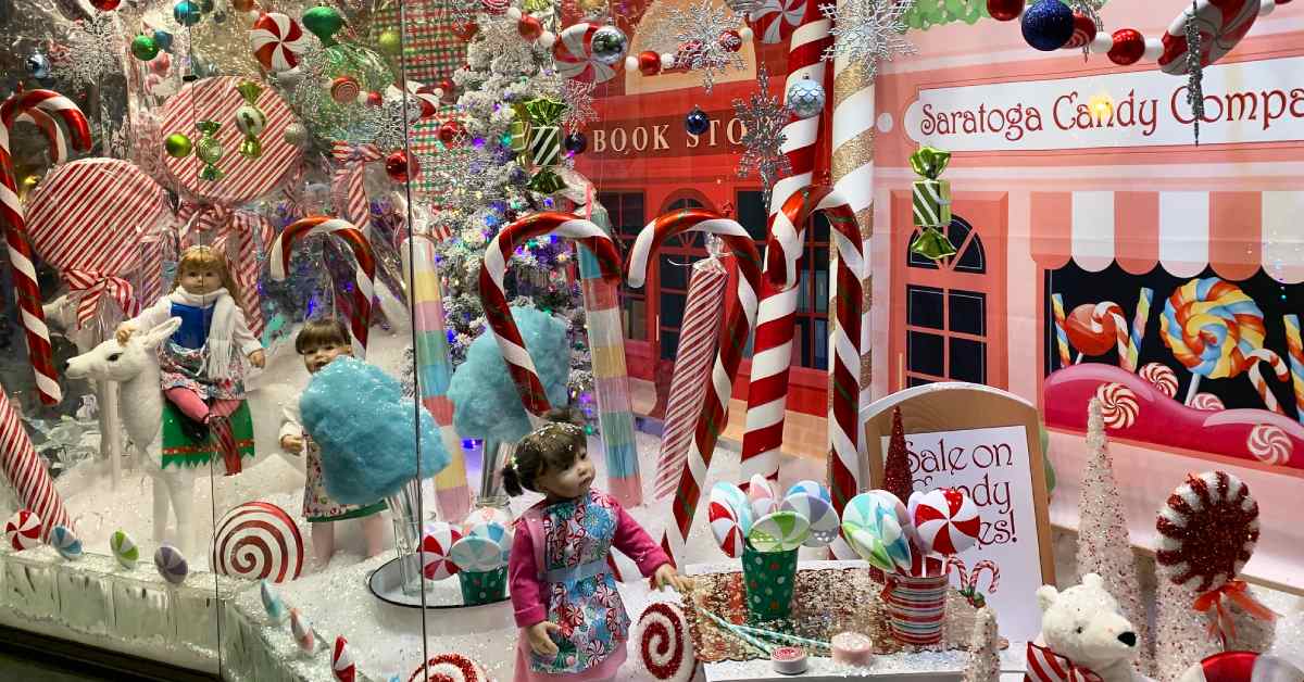 a holiday decorated window display