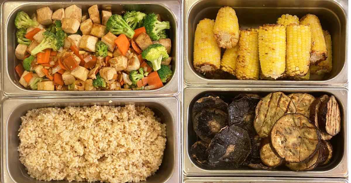 mixed veggies, rice, corn, and eggplant