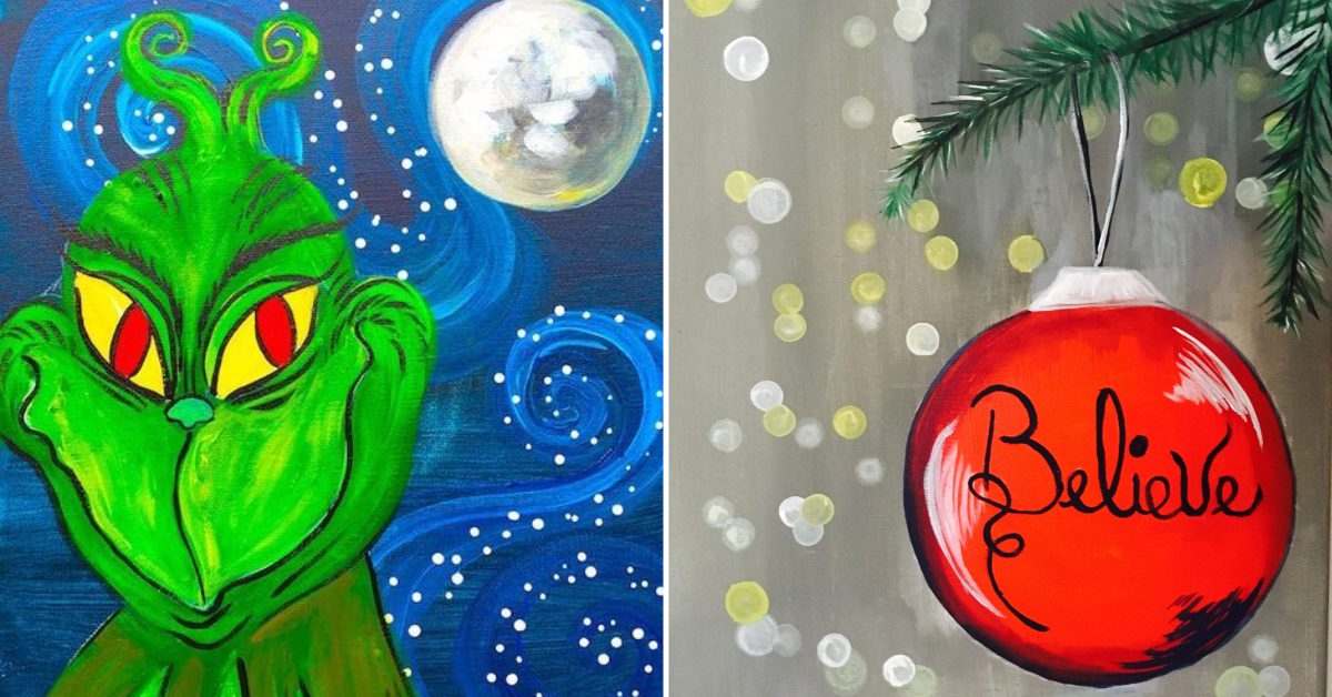 left painting of Grinch; right painting of a red ornament with the words Believe