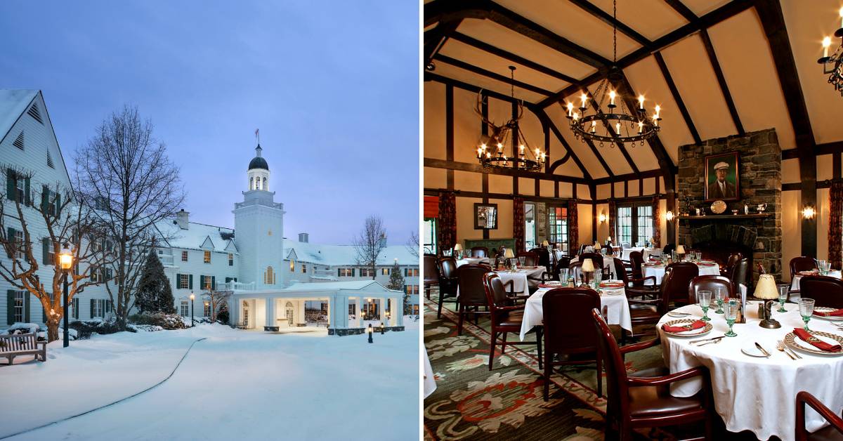 exterior of sagamore covered in snow on the left, elegant dining room on the right