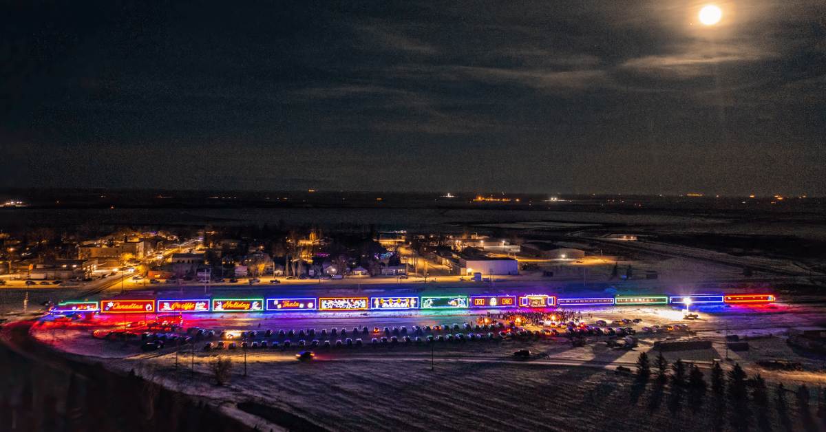 CP Holiday Train lit up at night