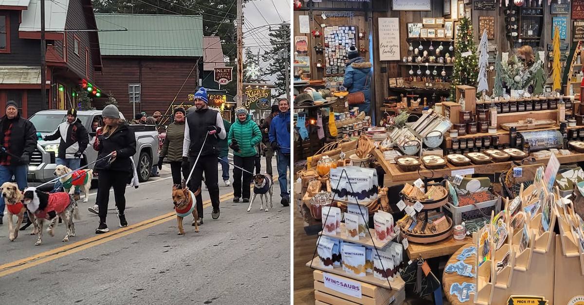 christmas on main street in inlet - holiday pet parade and inside a store