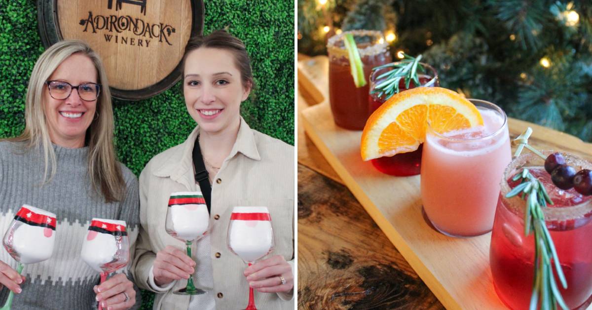 women at adirondack winery with wine glasses, festive drinks