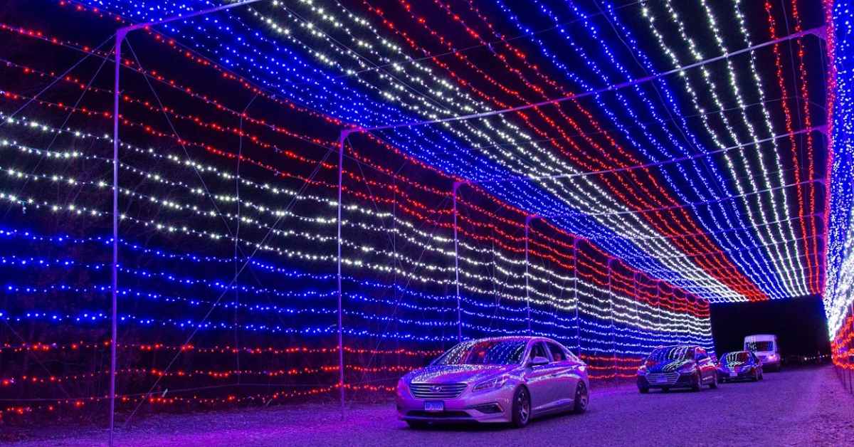 cars driving through a tunnel of holiday lights