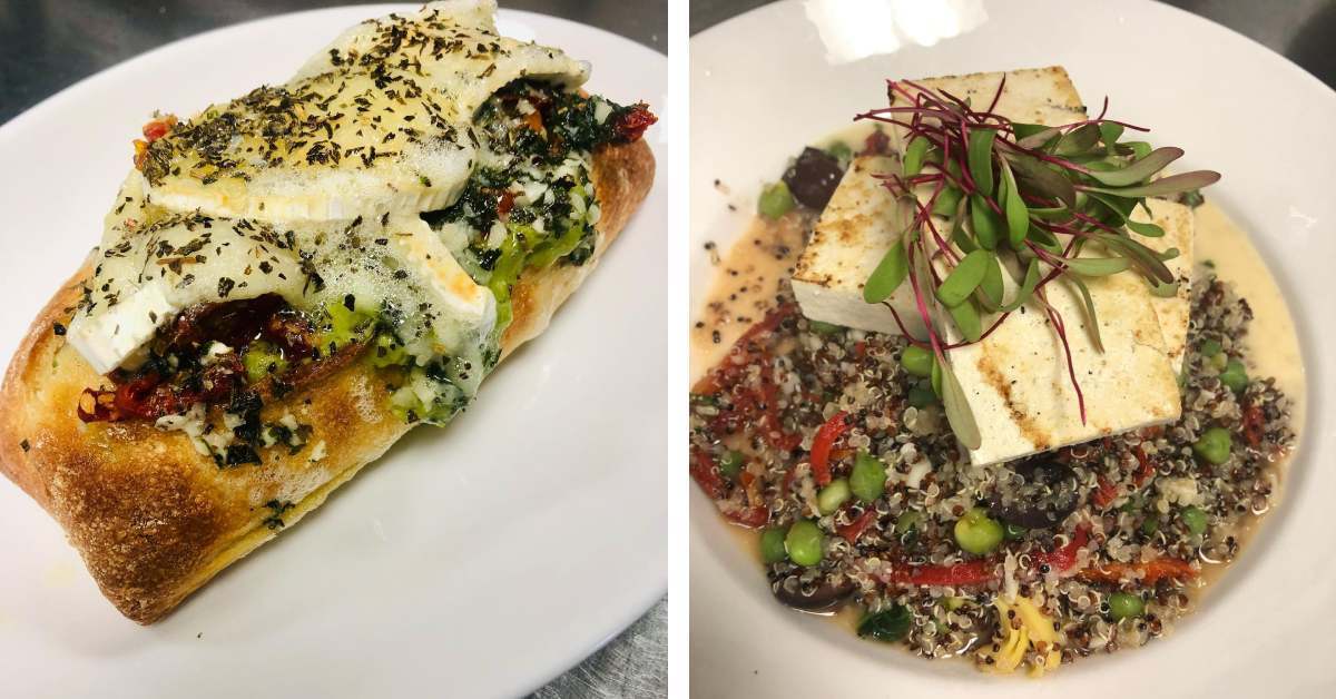 side by side photos of a sandwich and a tofu dish