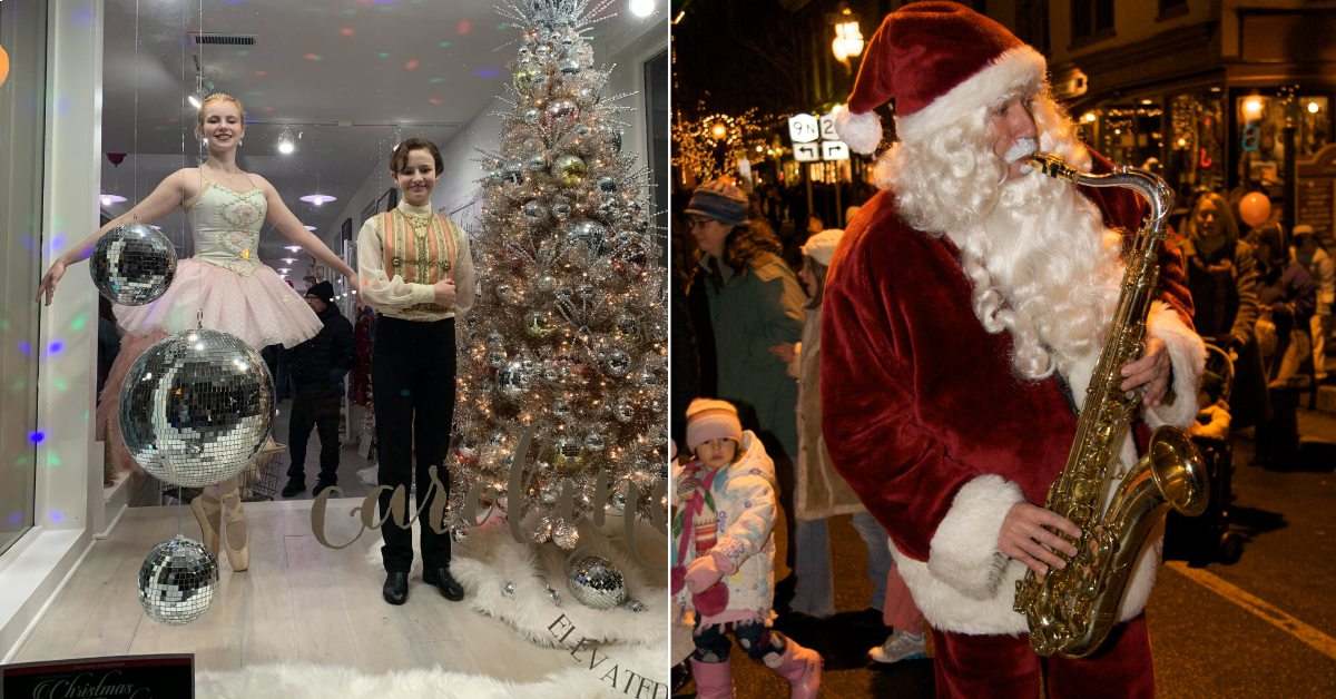 left image of dancers, right image of Santa Claus playing the sax