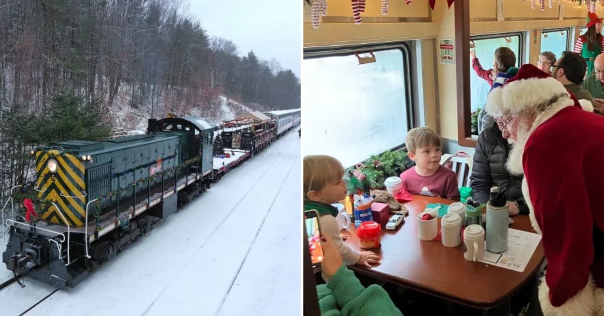 left image of a holiday decorated train; right image of Santa meeting with kids in the train