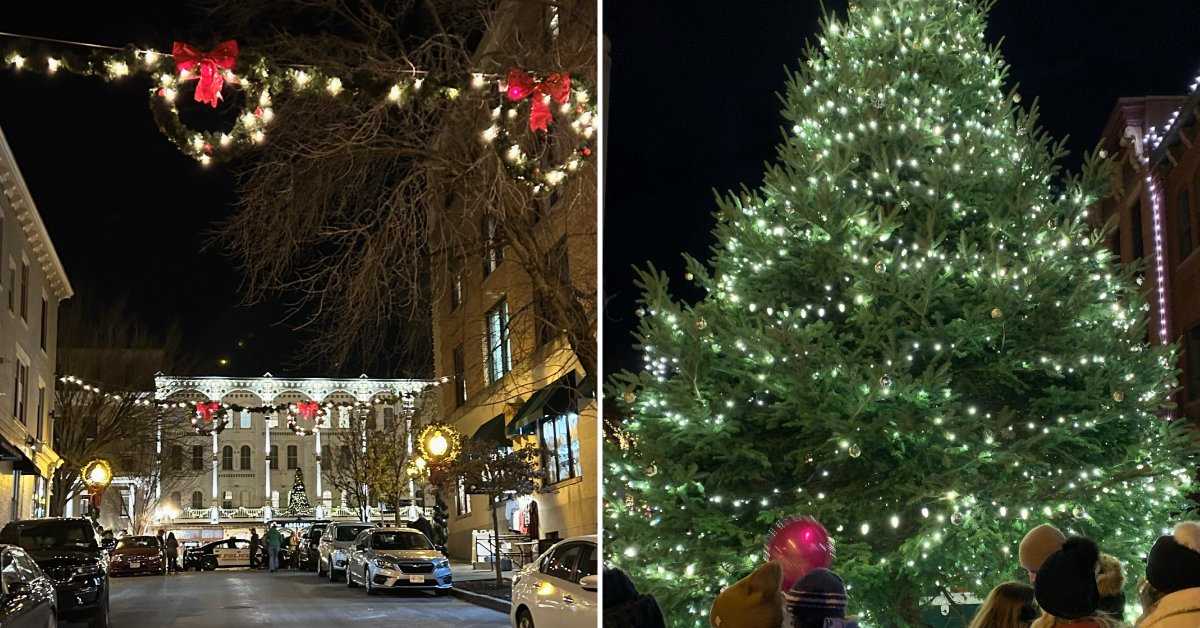 left image of decorated streets for the holidays; right image of a tall outdoor Christmas tree with lights