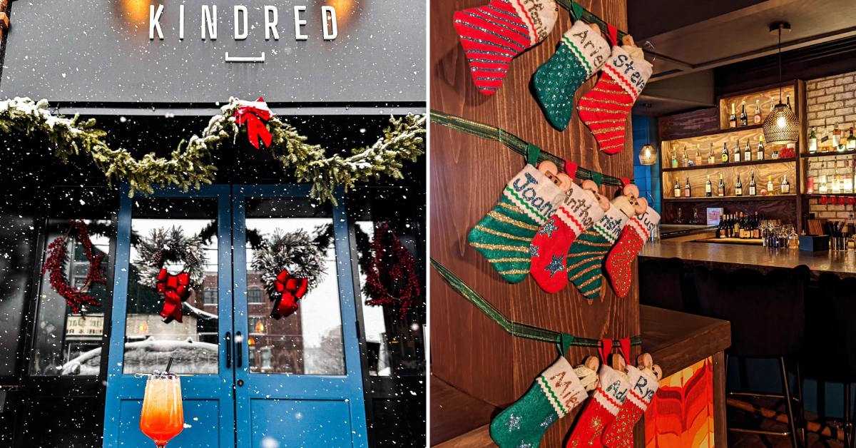 left image of exterior of Kindred restaurant with snow and holiday decor; right image of stockings on a wall in a bar