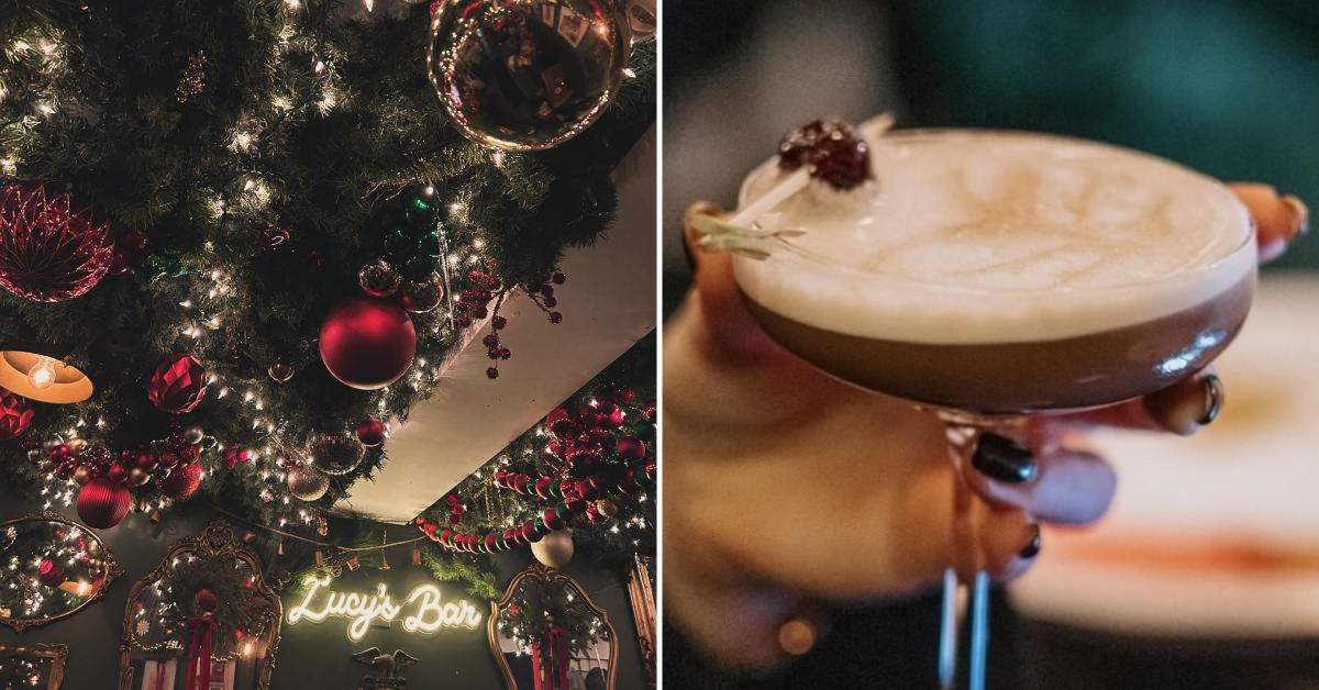 left image of holiday decor on a ceiling; right image of someone holding a cocktail glass