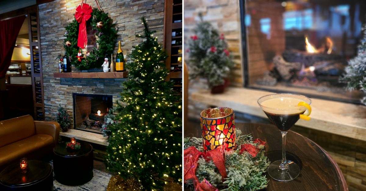 left image of a Christmas tree and wreath in a lounge; right image of a cocktail glass on a table