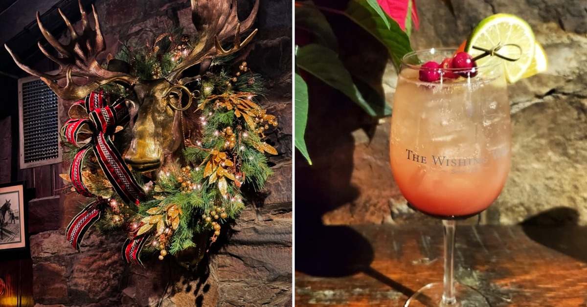 left image of a moose head sculpture with a holiday wreath; right image of wishing well cocktail glass