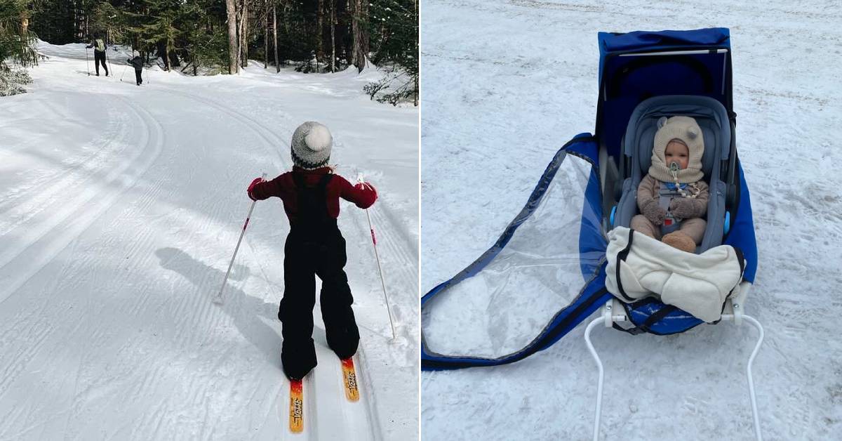 kid cross-country skiing behind parents, baby in pull sled