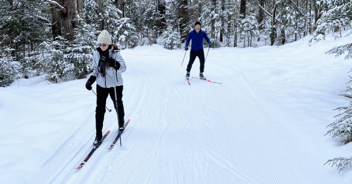 couple cross-country skis