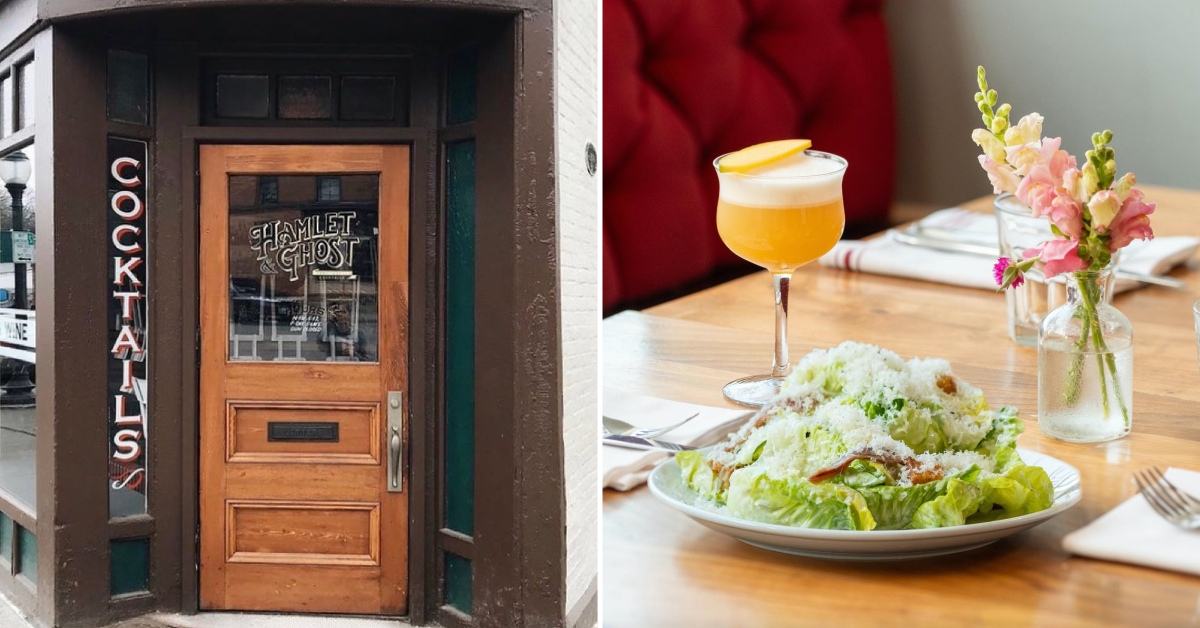 left image of hamlet and ghost entrance; right image of food and cocktail