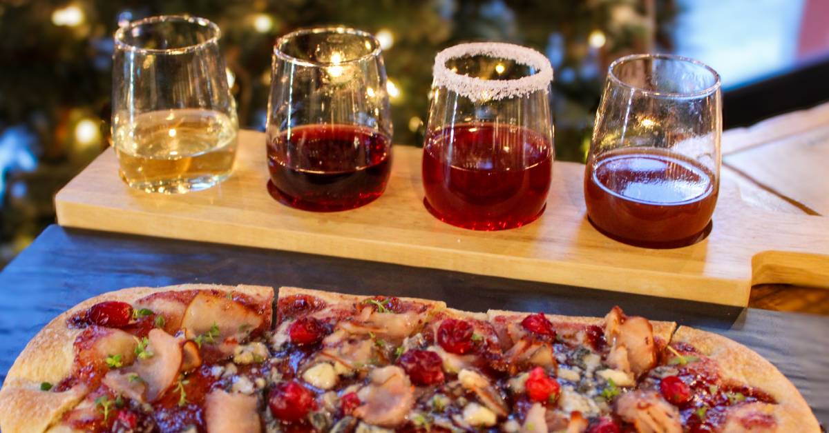 wine flight and flatbread pizza