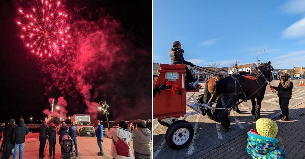 winter fireworks and horse drawn carriage at lake george winter carnival