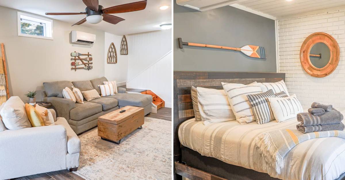 living room area and bedroom at lakeshore cottage