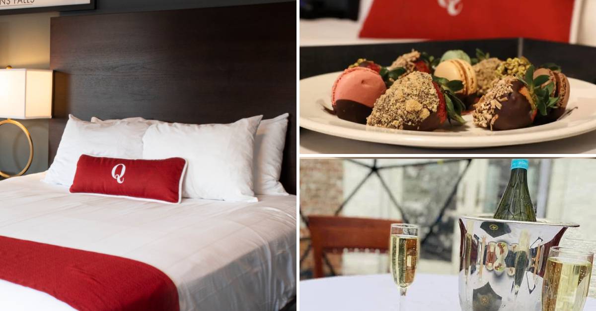 queensbury hotel bed, chocolate covered strawberries, and champagne in dining igloo