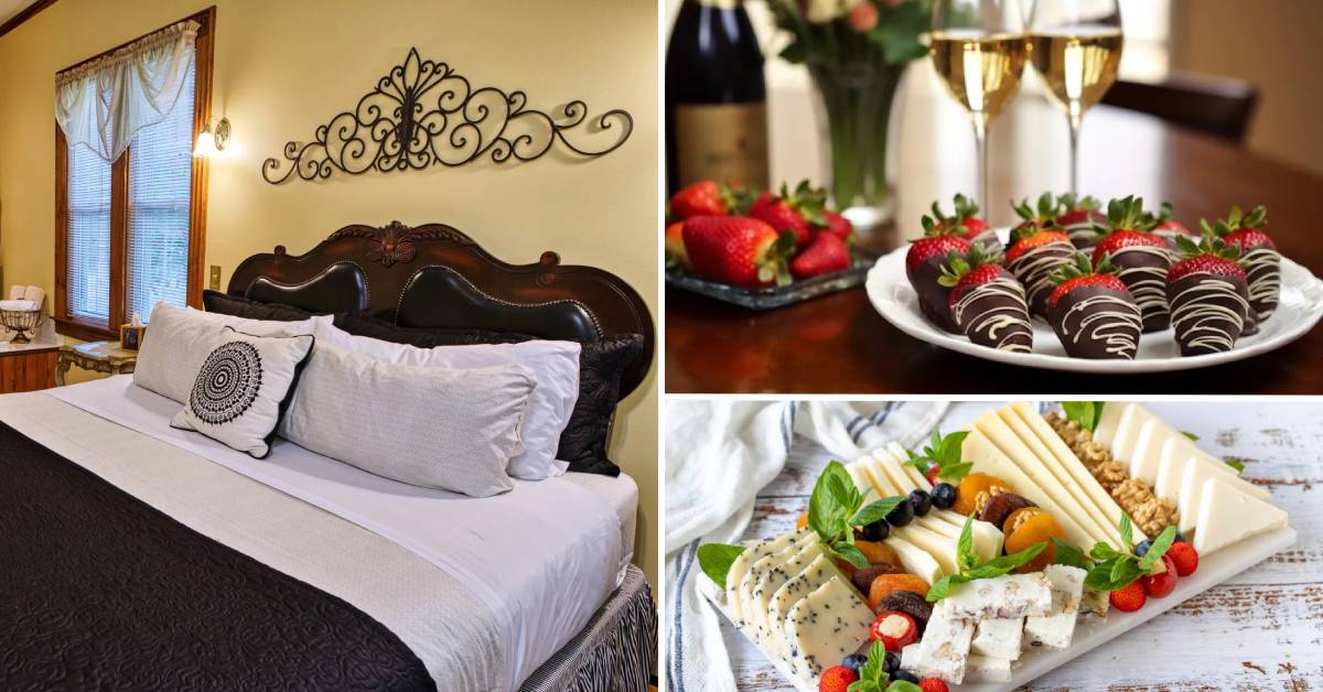 rockwell falls inn bed, champagne with chocolate covered strawberries, and cheese plate