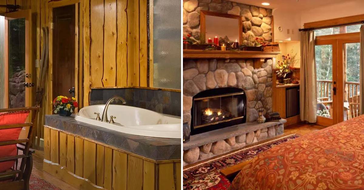 hot tub on the left, fire in fireplace in guest room on the right