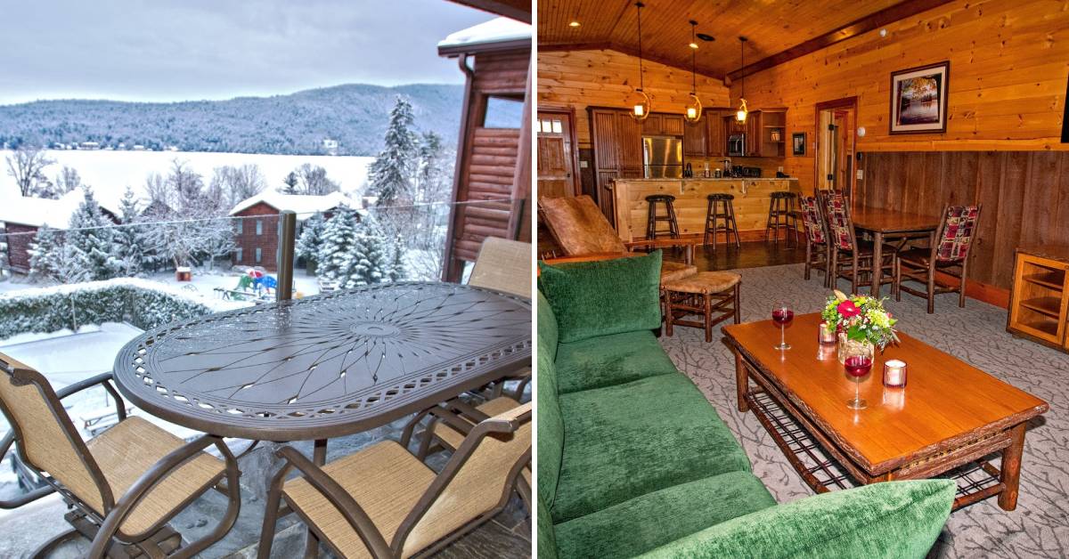 exterior and interior of lodges at cresthaven in the winter, view of the lake