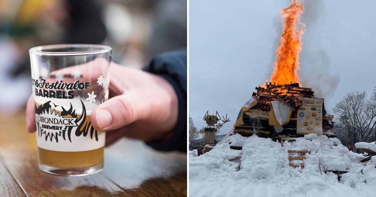 hand holding festival of barrels glass of beer on left, bonfire on right