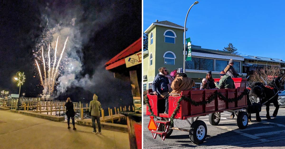 winter fireworks on the left, horse drawn carriage ride through village on the right