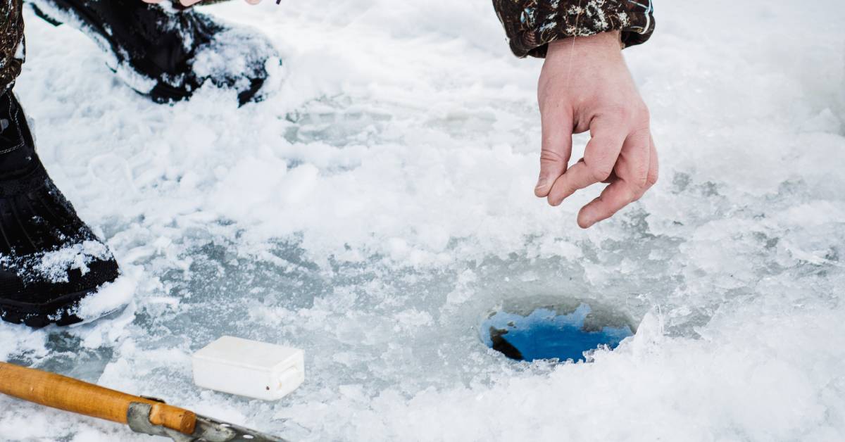 closeup of a man ice fishing